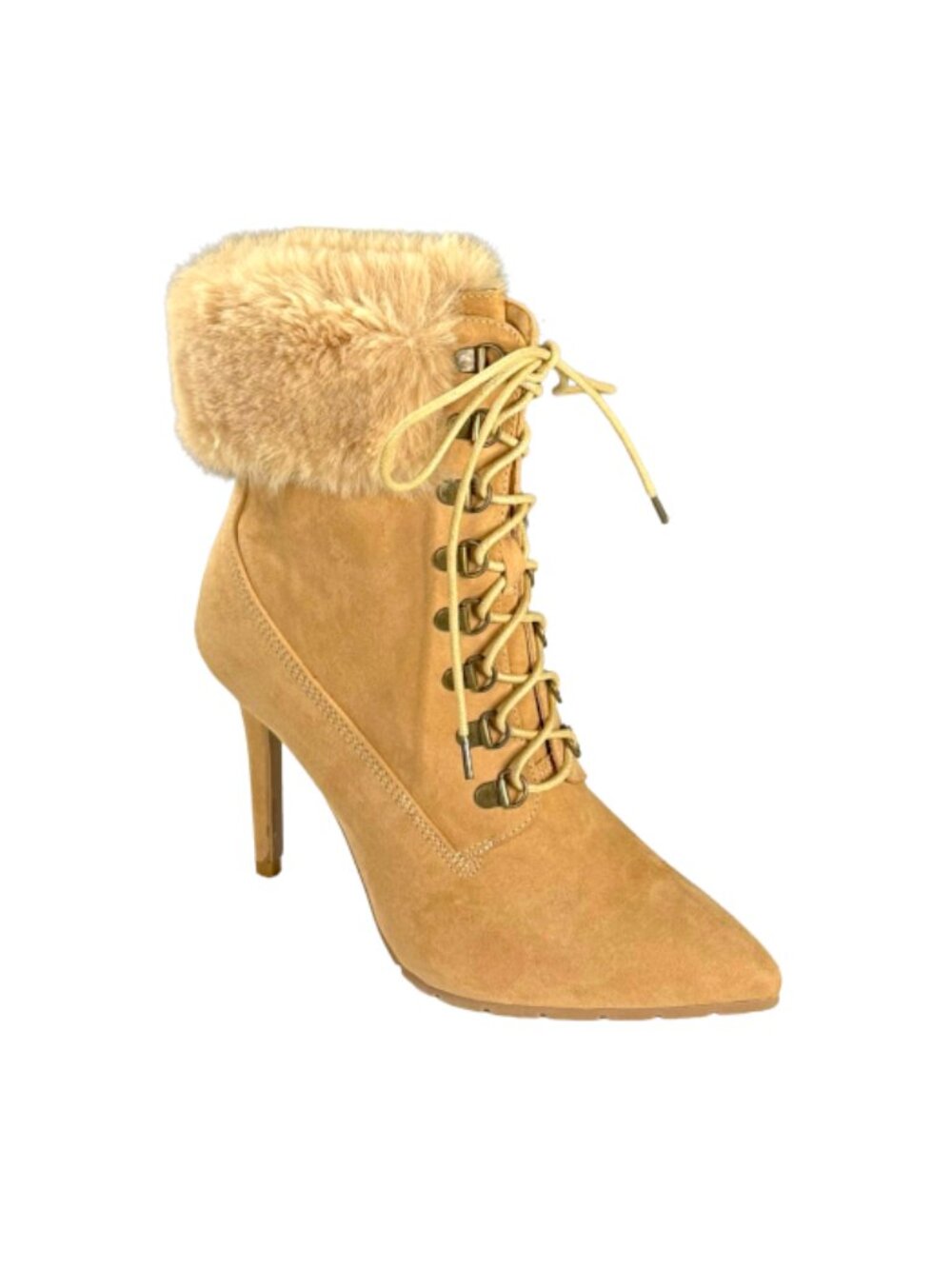 Qupid Scorpio-05 Women's Toffee Faux Fur Lace Up Heeled Ankle Boots